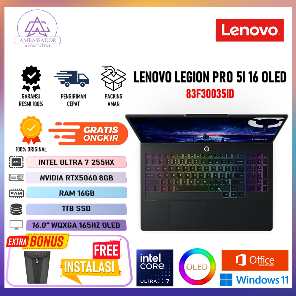 LENOVO LEGION PRO 5I 16 OLED ULTRA 7 255HX RTX5060 8GB RAM 16GB 1TB SSD LAYAR 16.0WQXGA 165HZ + OHS