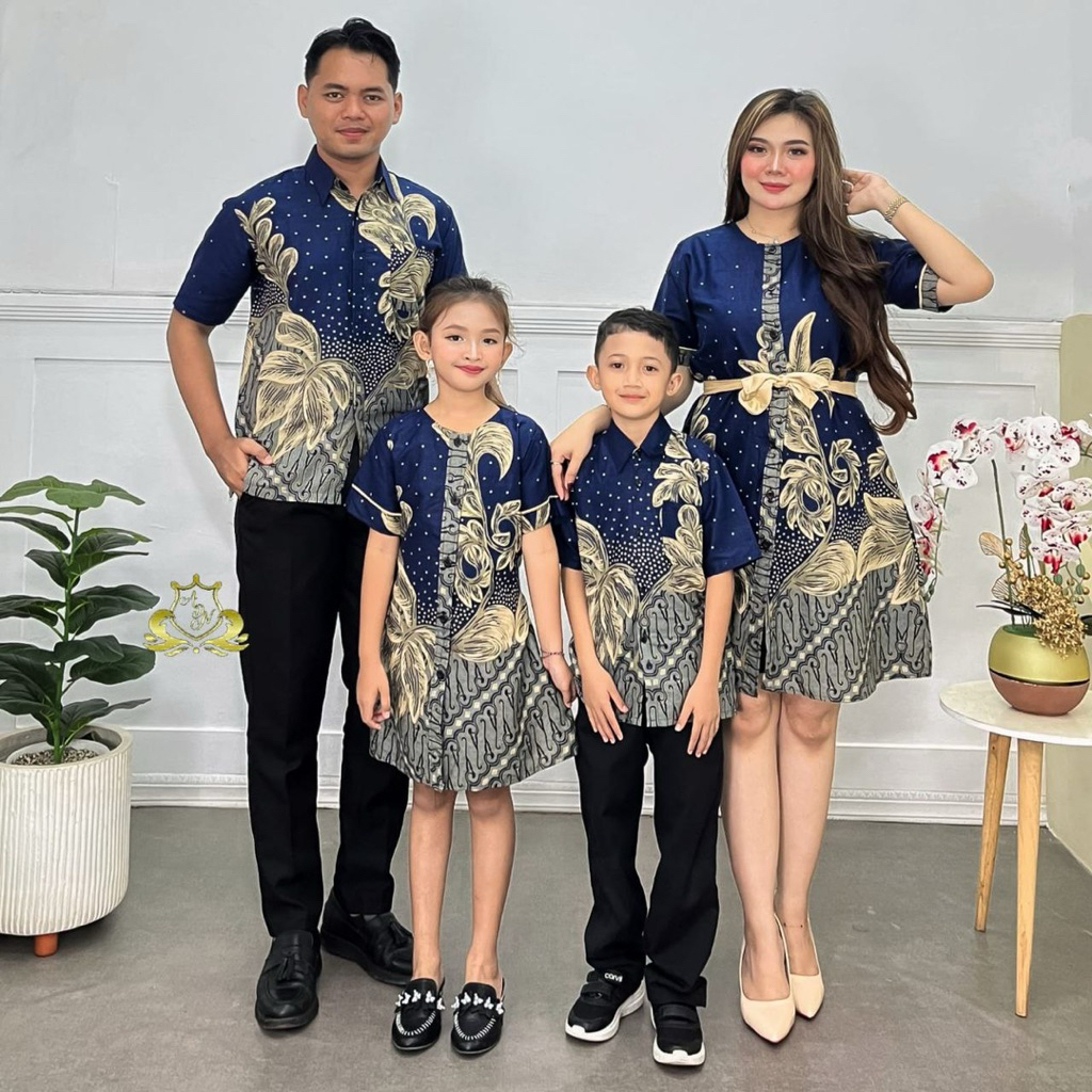 Seragam Batik Couple Model Batik Pria Lengan Pendek Dress Wanita Batik Anak dengan Bahan Katun Adem 