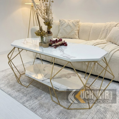 Meja tamu minimalis TBJ modern motif marmer HPL, Meja tamu industrial minimalis