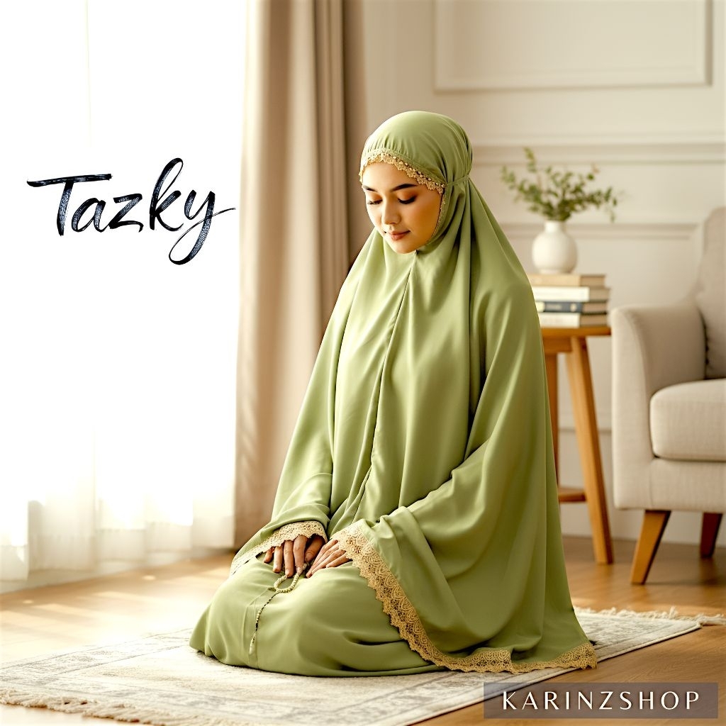 TAZKY - MUKENA Dewasa Renda Setelan Katun Polos Premium Jumbo Bahan Halus dan Adem ( GREEN )
