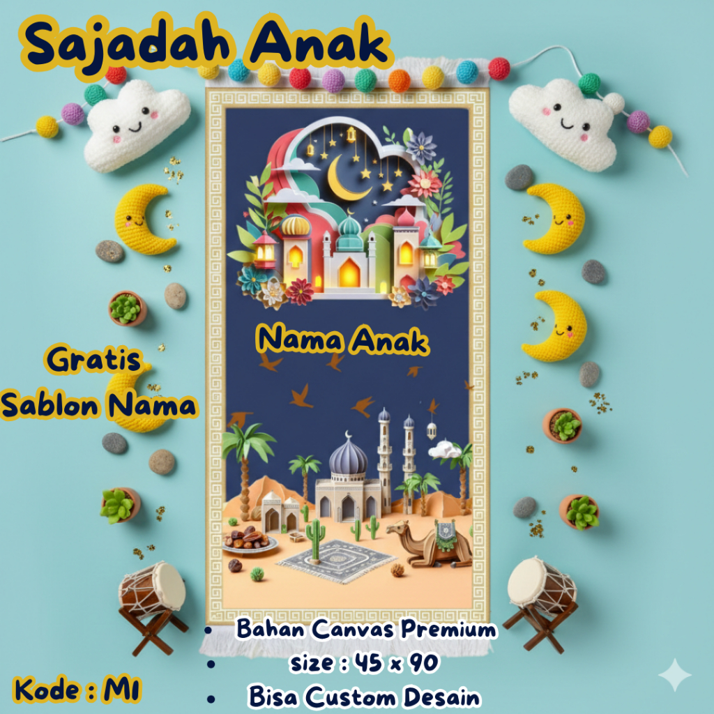 Sajadah Anak Custom Nama Gratis - Desain Motif Unik Lucu - Bahan Canvas Premium - Kode M1