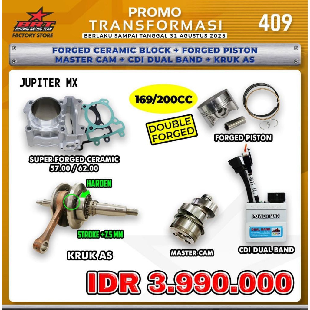 PAKET BORE UP JUPITER MX BRT 57MM 62MM 169CC/200CC - BINTANG RACING TEAM BRT