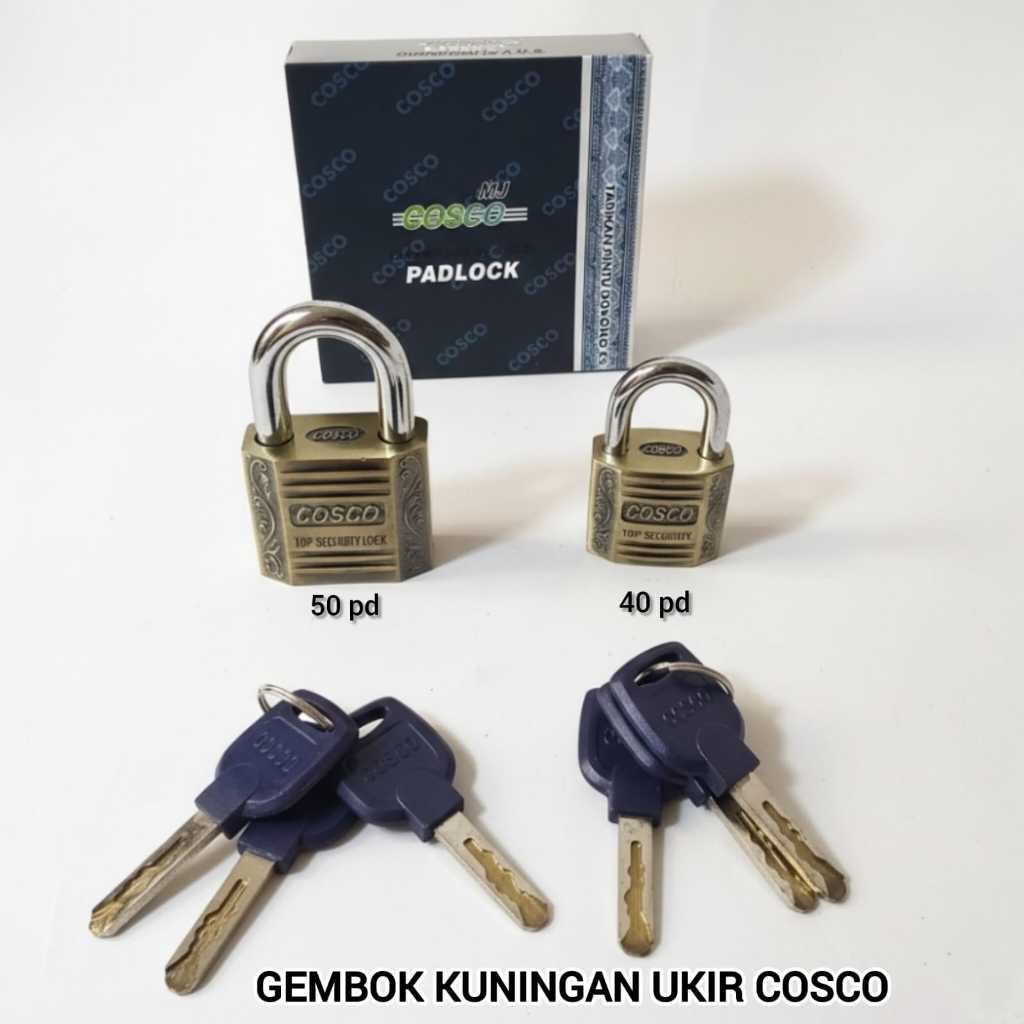 Gembok Kuningan UKIR Original 40mm/50mm Pendek | Kunci pintu Gudan | Kunci besi Anti Karat COSCO