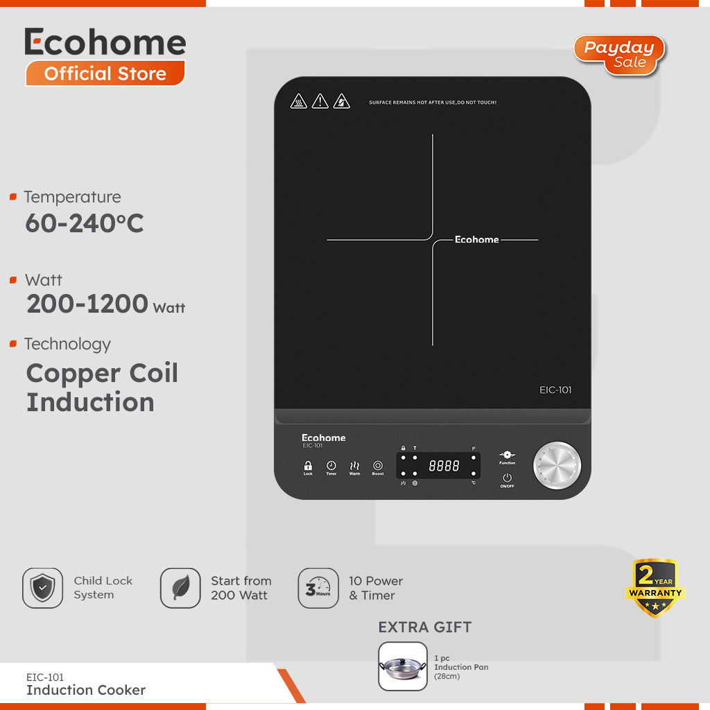 ECOHOME Induction Cooker EIC101 Kompor Induksi Low Watt with Durable Crystal Glass Screen