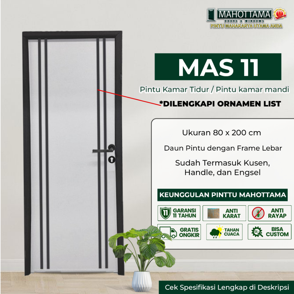 MAHOTTAMA MAS11 - Pintu Kamar Mandi / Kamar Tidur / Gudang Aluminium Rumah 80 x 200cm 1 Set Kusen Ku