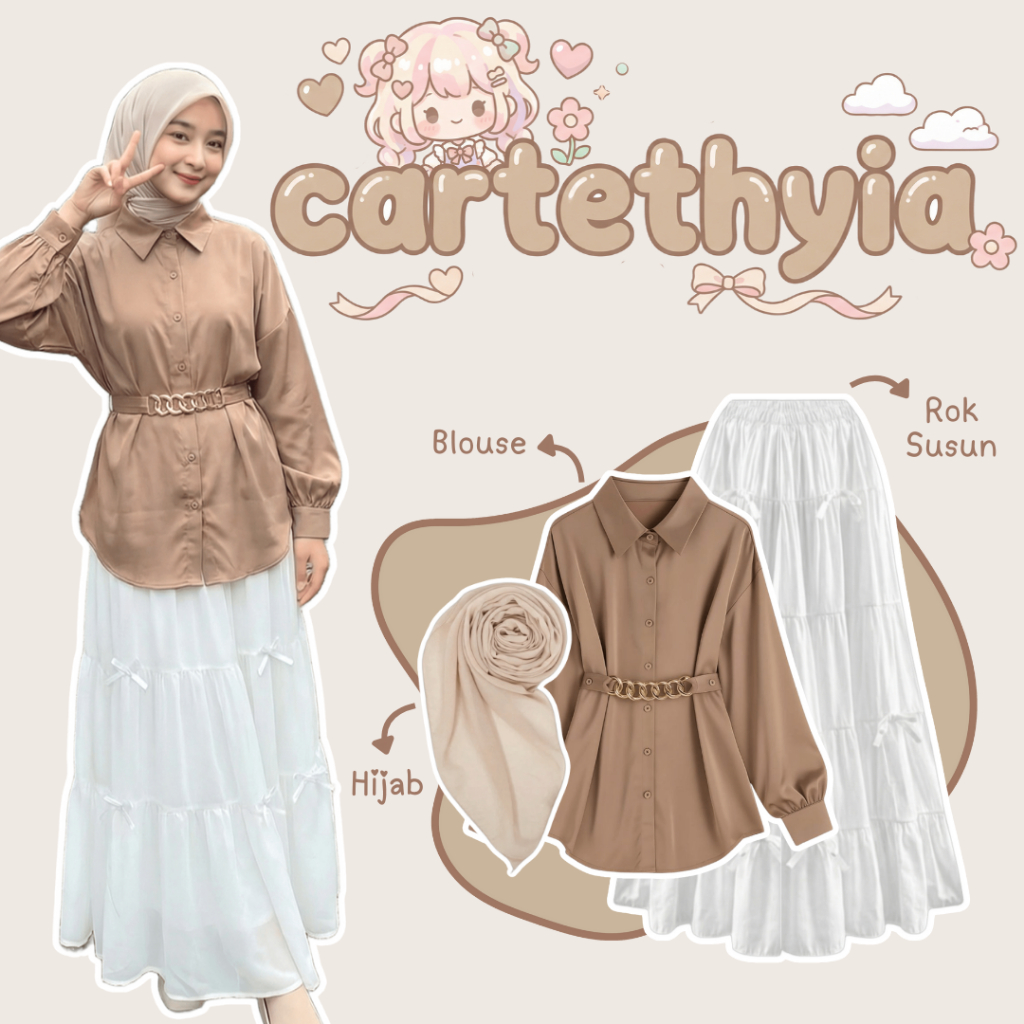 Setelan Outfit Wanita | Blouse, Rok Susun, Hijab | Outfit Hijab, One Set Wanita Remaja, Outfit Cewek