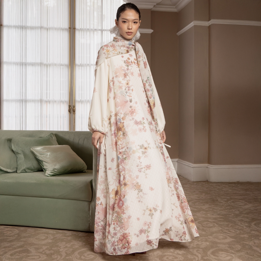 HijabChic Selene Ivory Blossom Dress - Dress Maxi Lebaran Premium Floral Elegan
