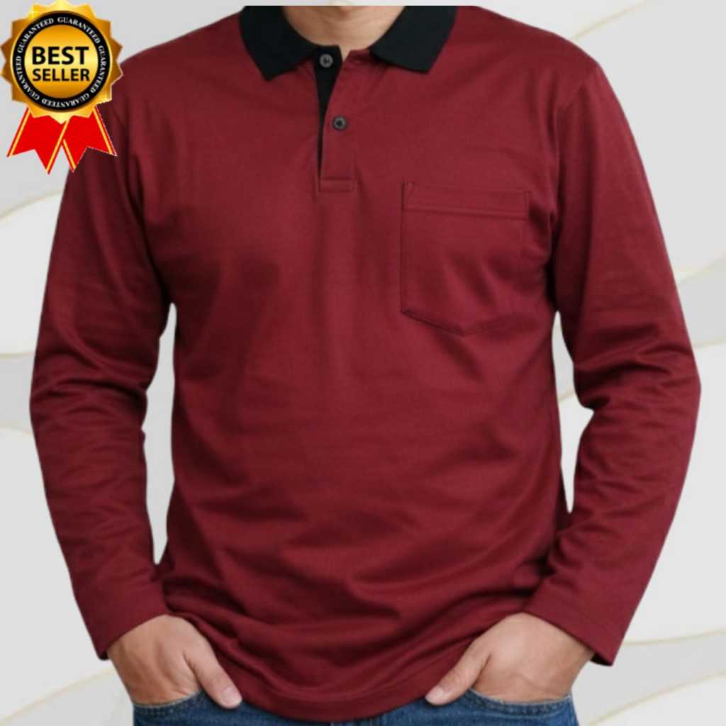 BAJU KAOS KERAH POLOS LENGAN PANJANG ADA SAKU II JAHITAN KAOS RAPI DAN BERSIH II BAHAN BERKUALITAS B