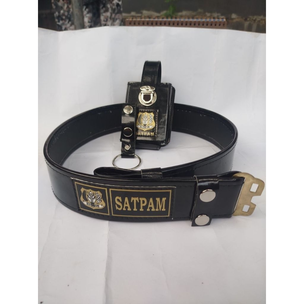 PAKET ATRIBUT SATPAM LOGO KUNING : SABUK KOPEL, SARUNG HT,DAN RING TONGKAT BESI