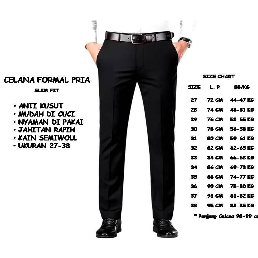 Celana Kain Formal Pria Wool Slim Fit Hitam Abu Tua 27-38
