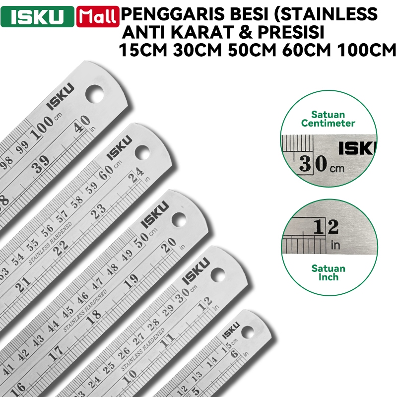 ISKU Penggaris Besi Stainless Steel 15cm 30cm 50cm 60cm 100cm Mistar Baja Anti Karat