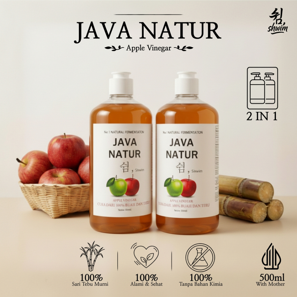 JAVA NATUR Shwim Cuka Apel [isi 2 botol] 100%Original Sari Apel dan Tebu 500 ml