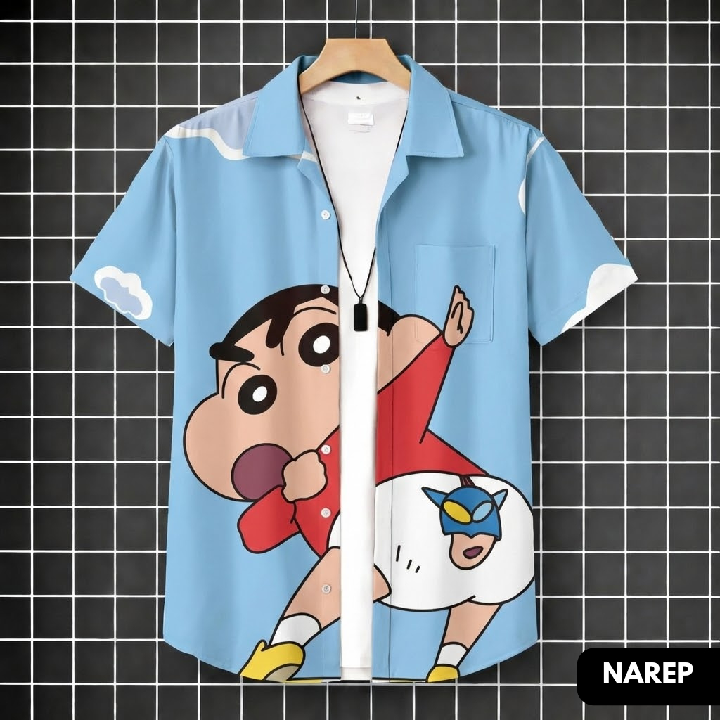 NAREP - Kemeja Pria Lengan Pendek Motif Shin-chan Action Mask - Kemeja Pria Lengan Pendek Atasan San