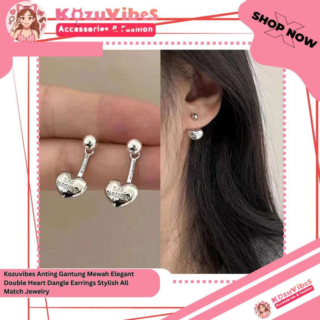 Kozuvibes Anting Hati Gantung Mewah Elegant Double Heart Dangle Earrings Stylish All Match Jewelry