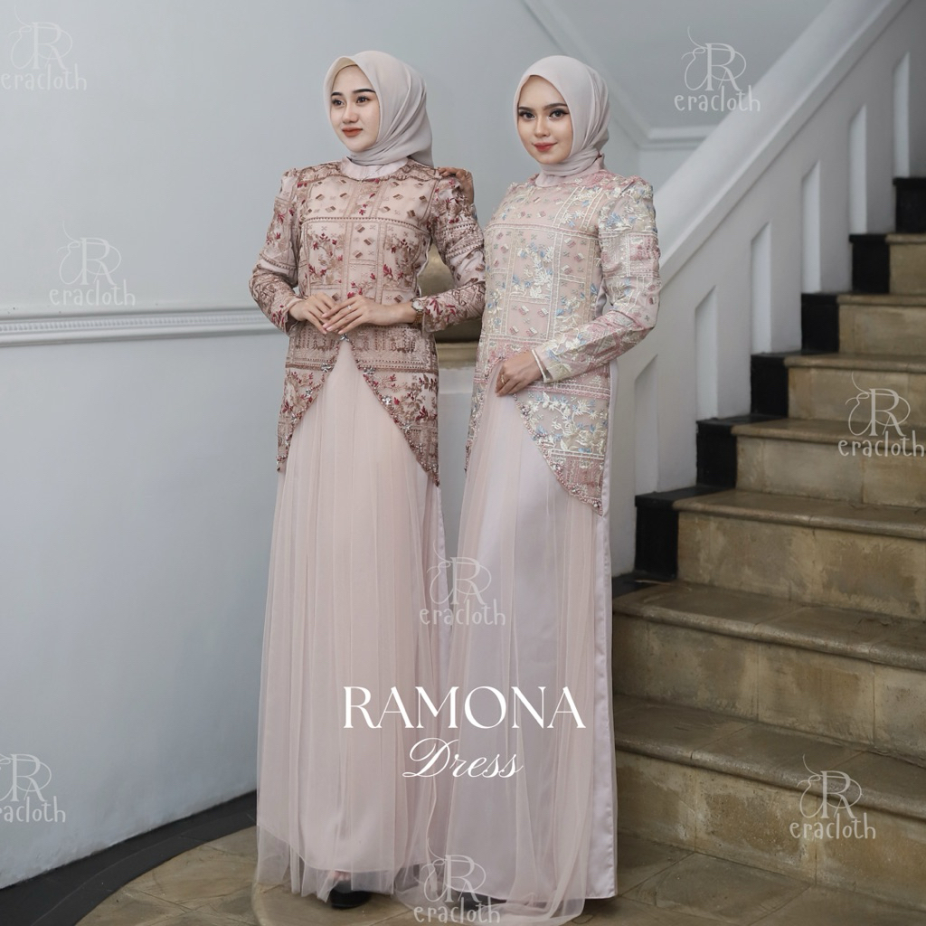 Ramona Dress Wanita Elegan Brokat Tile Polos Raya Lebaran by eracloth