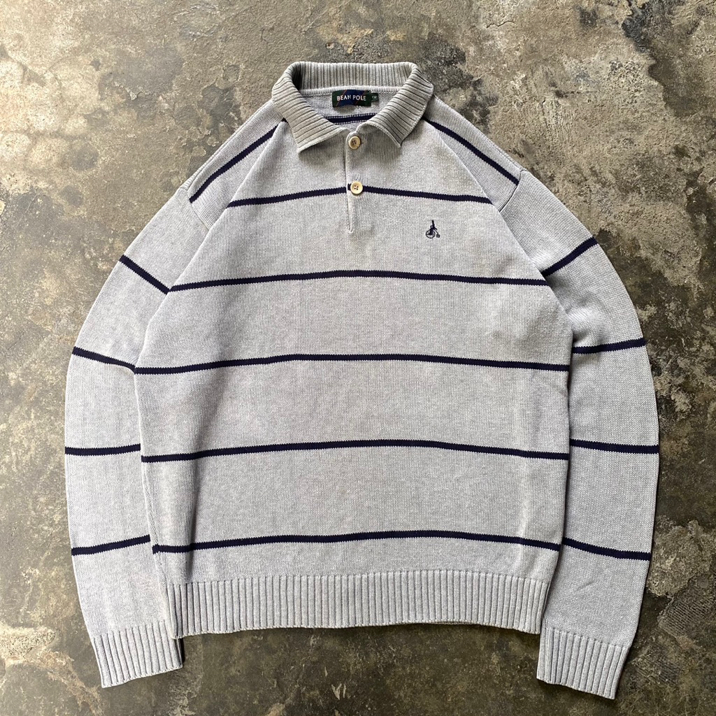 Bean Pole Striped Polo Knit Sweater scnd prlvd original sweater grey