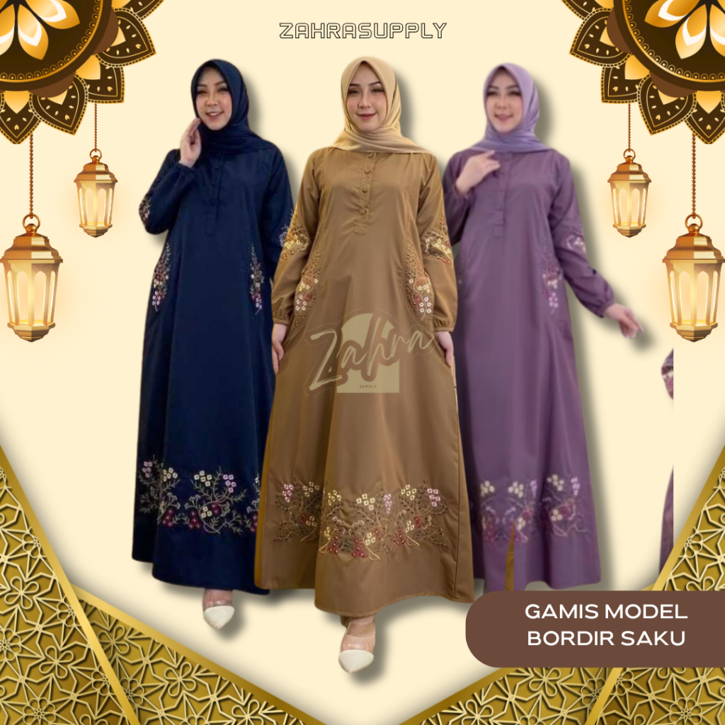 ZAHRASUPPLY - Gamis Bordir Model Bordir Saku Bahan Katun Toyobo Premium Gamis Dress
