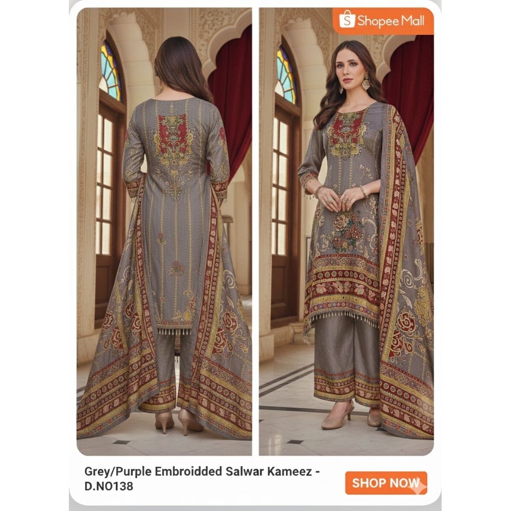 ORI INDIA Baju India Wanita Original, Lyanz Fashion (LF) Grey Luxury Embroidered Salwar Kameez, Sete