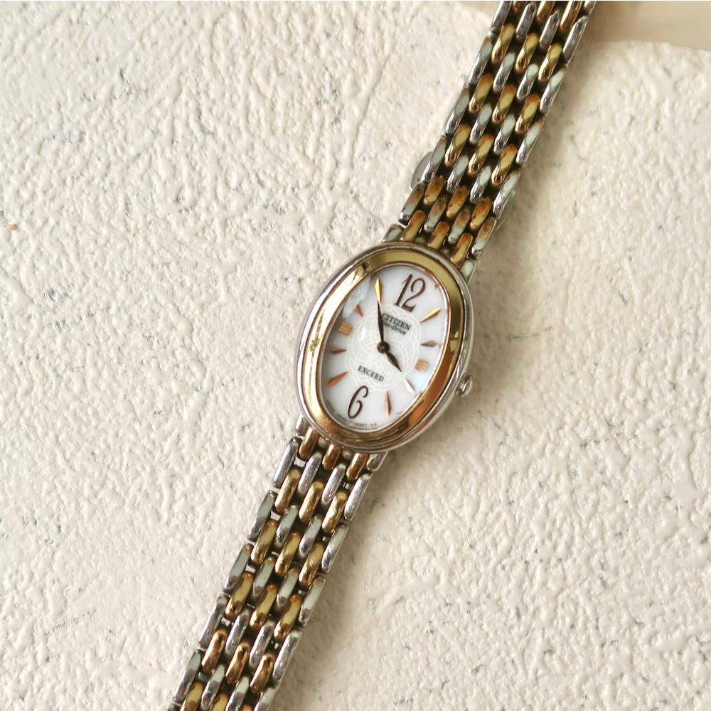 Jam Tangan Wanita Vintage Watch Citizen Exceed Eco Drive Solar Oval Two Tone Chain Original Autentik