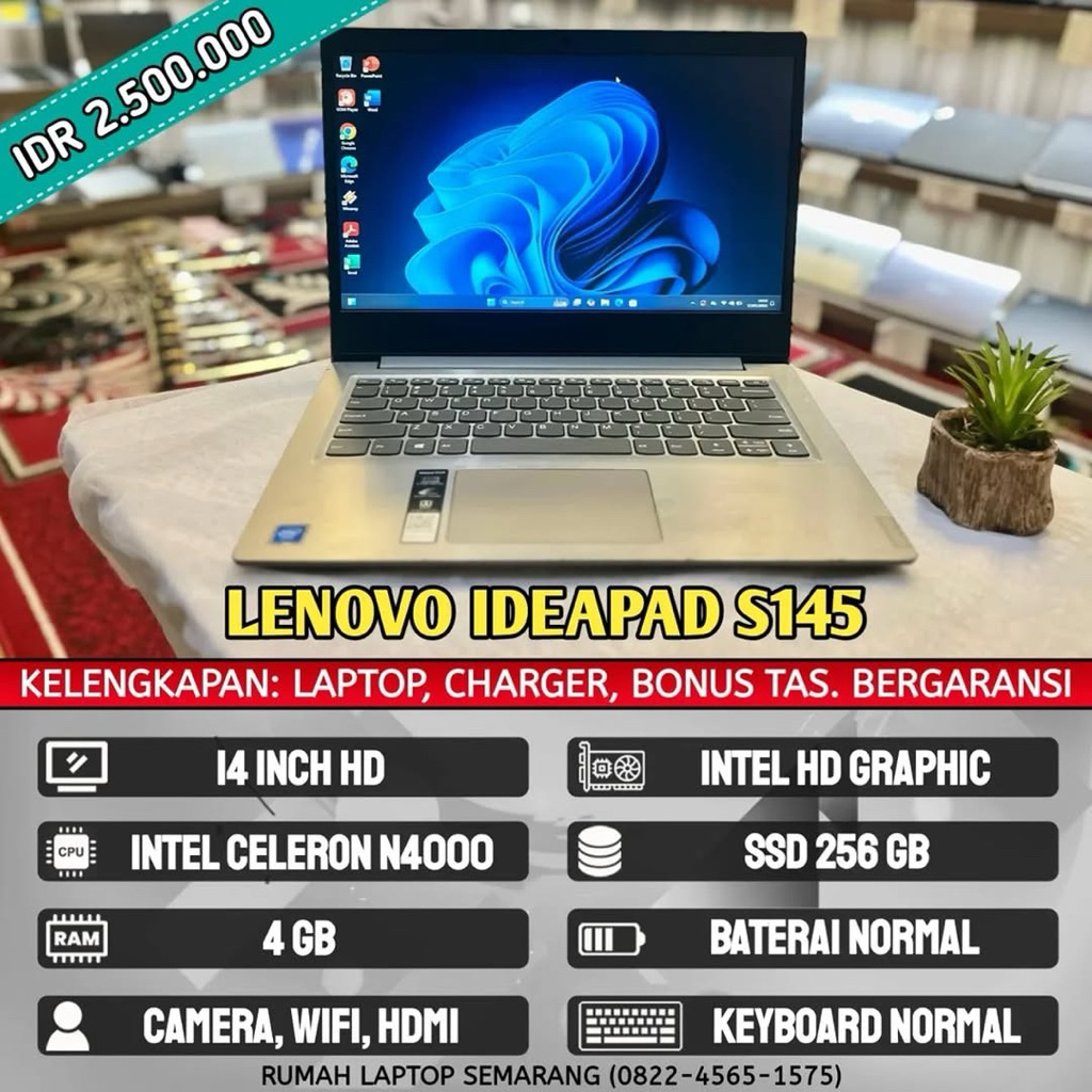 Laptop Lenovo Ideapad S145 (second). Intel Celeron N4000. RAM 4 GB. SSD 256 GB