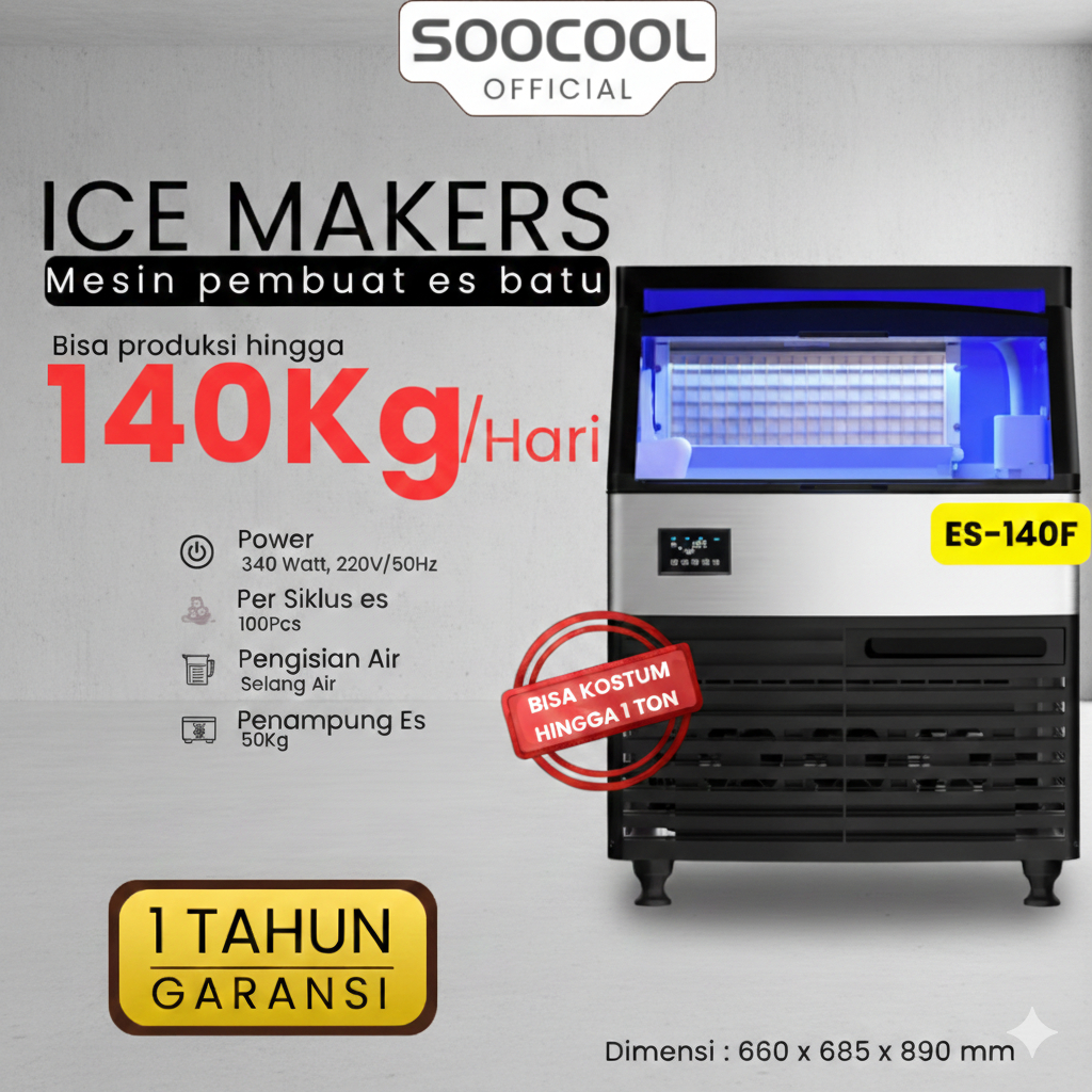 SOOCOOL ES-140F Mesin Es Batu Komersial 140KG/24 Jam Daya 500W Kompresor Wanbao
