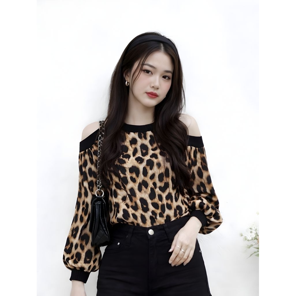 bl savina Loreng Blouse Sabrina Babol Leopard Baju Atasan Wanita Loreng gl