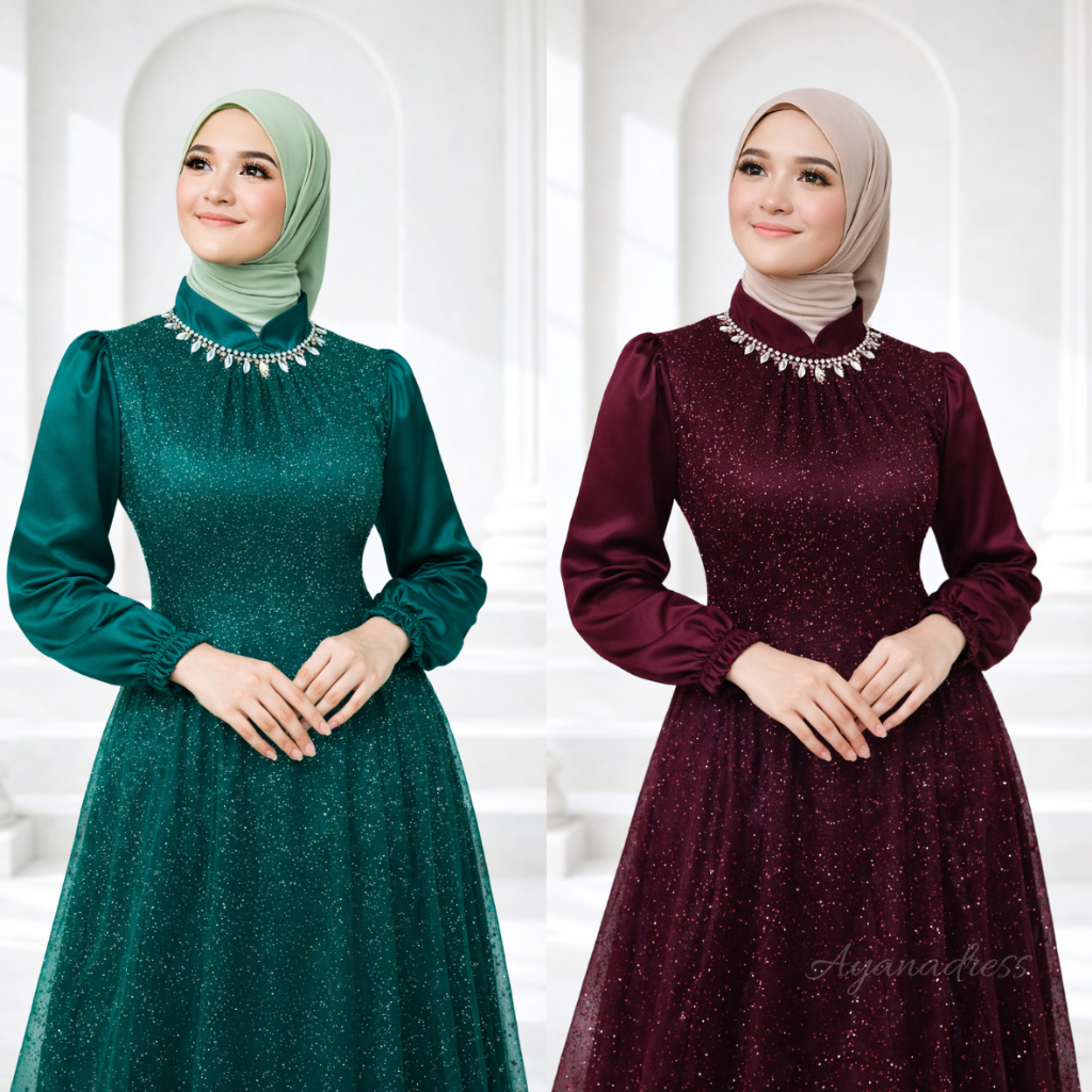 Gamis Syari Elena Celine Dress Maxy Satin Import | Outer Brokat Tille Mutiara Shimmer Elegan – Lebar