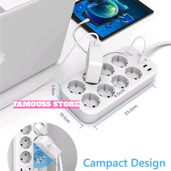 Terminal kabel Colokan listrik stopkontak 8 lobang 3usb kabel panjang 2m 3*1.5mm full tembaga