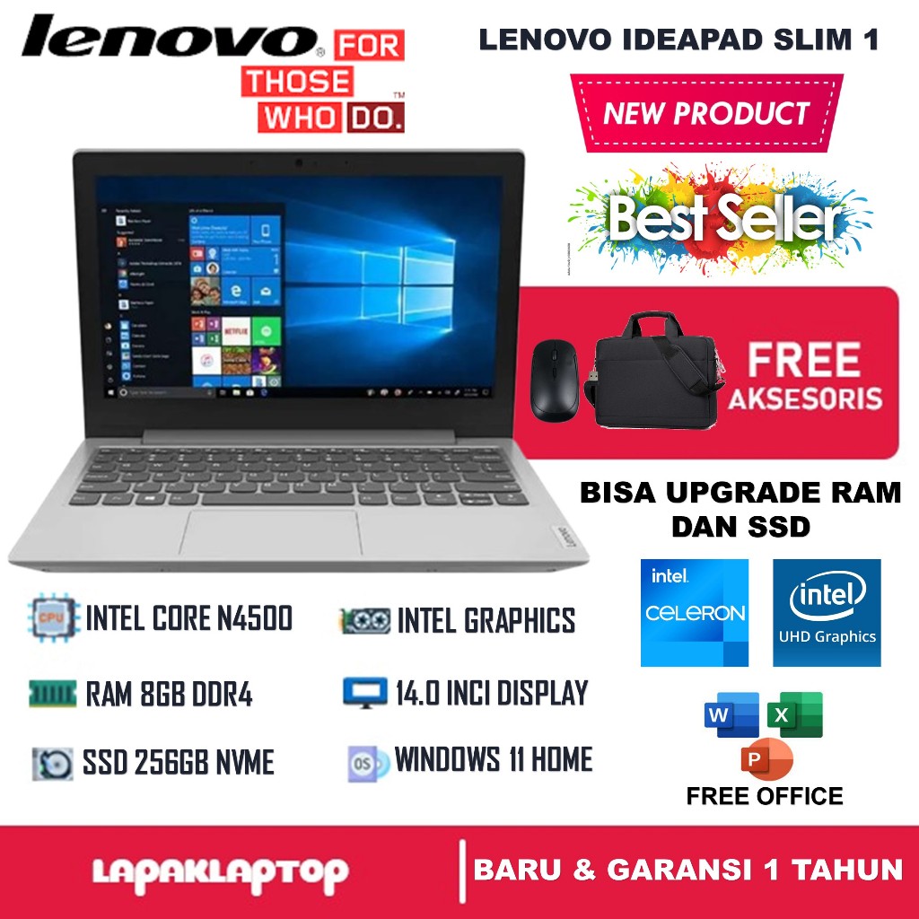 Laptop Lenovo Ideapad Slim 1 Intel N4500 RAM 8GB SSD 256GB Windows 11 + Office