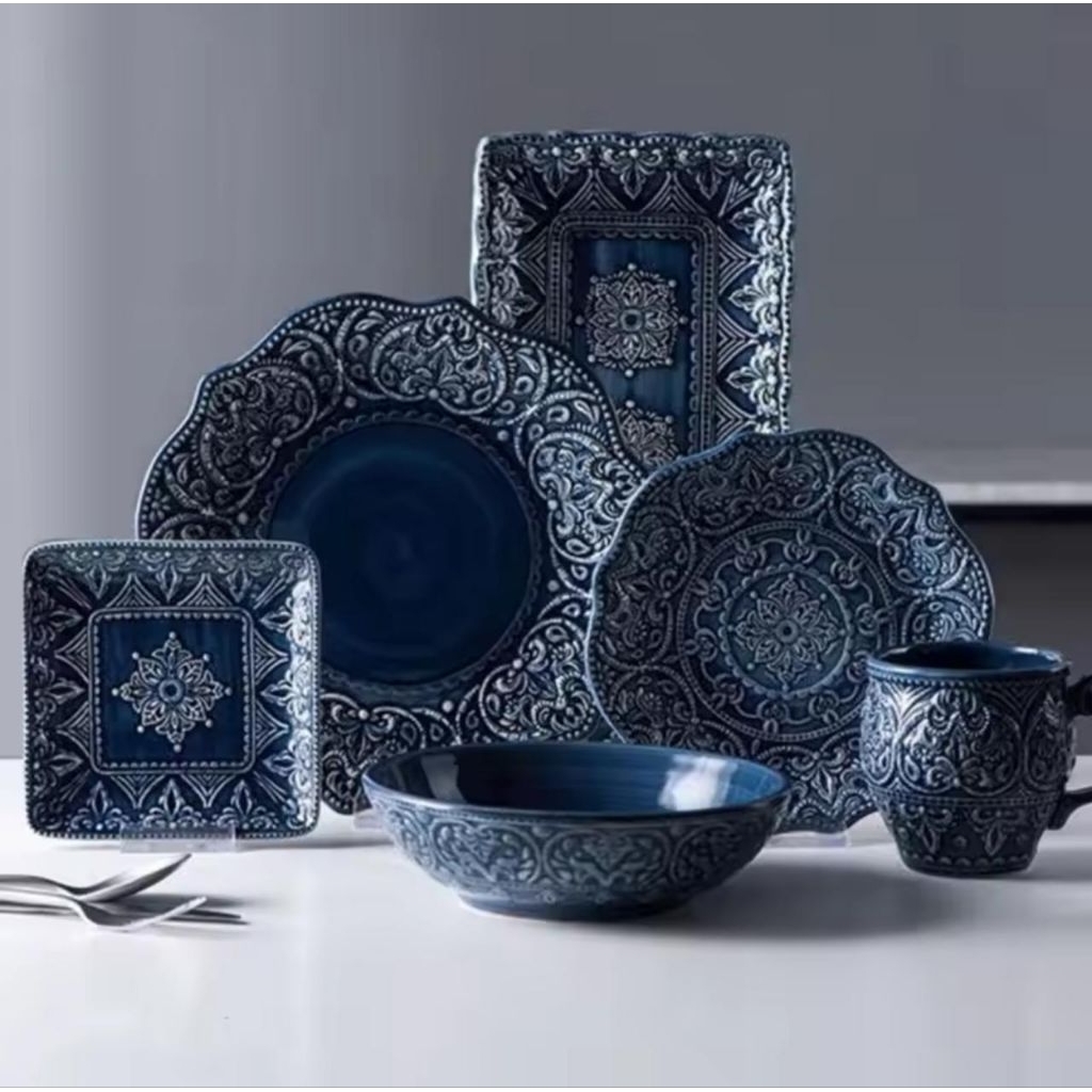 Luxury ceramic dinnerware set deep blue set makan keramik biru Piring Biru Piring Mewah Cangkir Biru