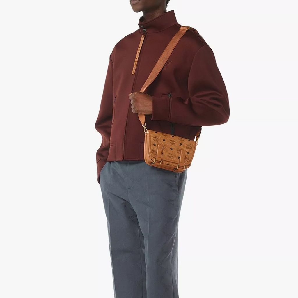 MCM Mini Aren Visetos Monogram Messenger Bag Cognac