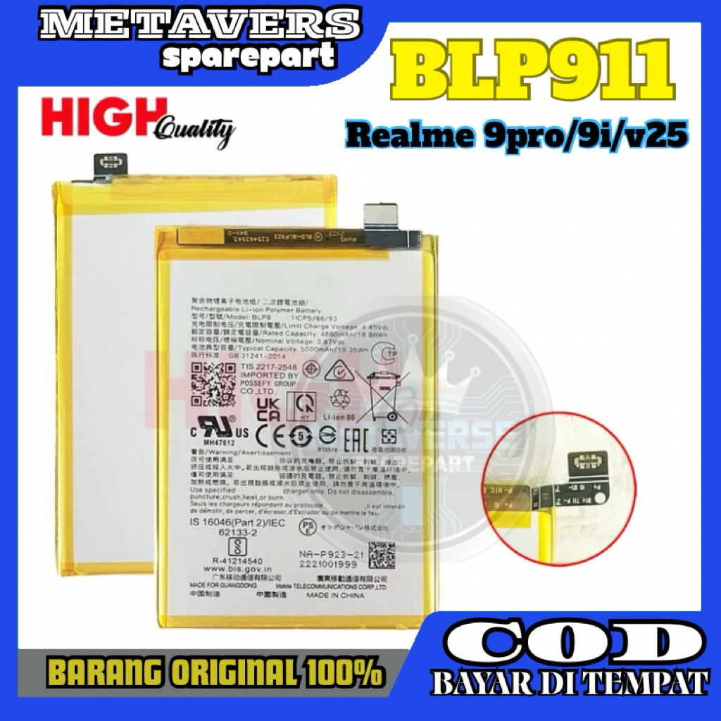 Baterai Battery Realme 9 Pro Realme 9i Realme V25 BLP911 BLP 911 Original