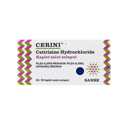 Cerini 10 mg 10 Kaplet/meredakan gejala atau keluhan akibat reaksi alergi, seperti ruam kulit, bidur