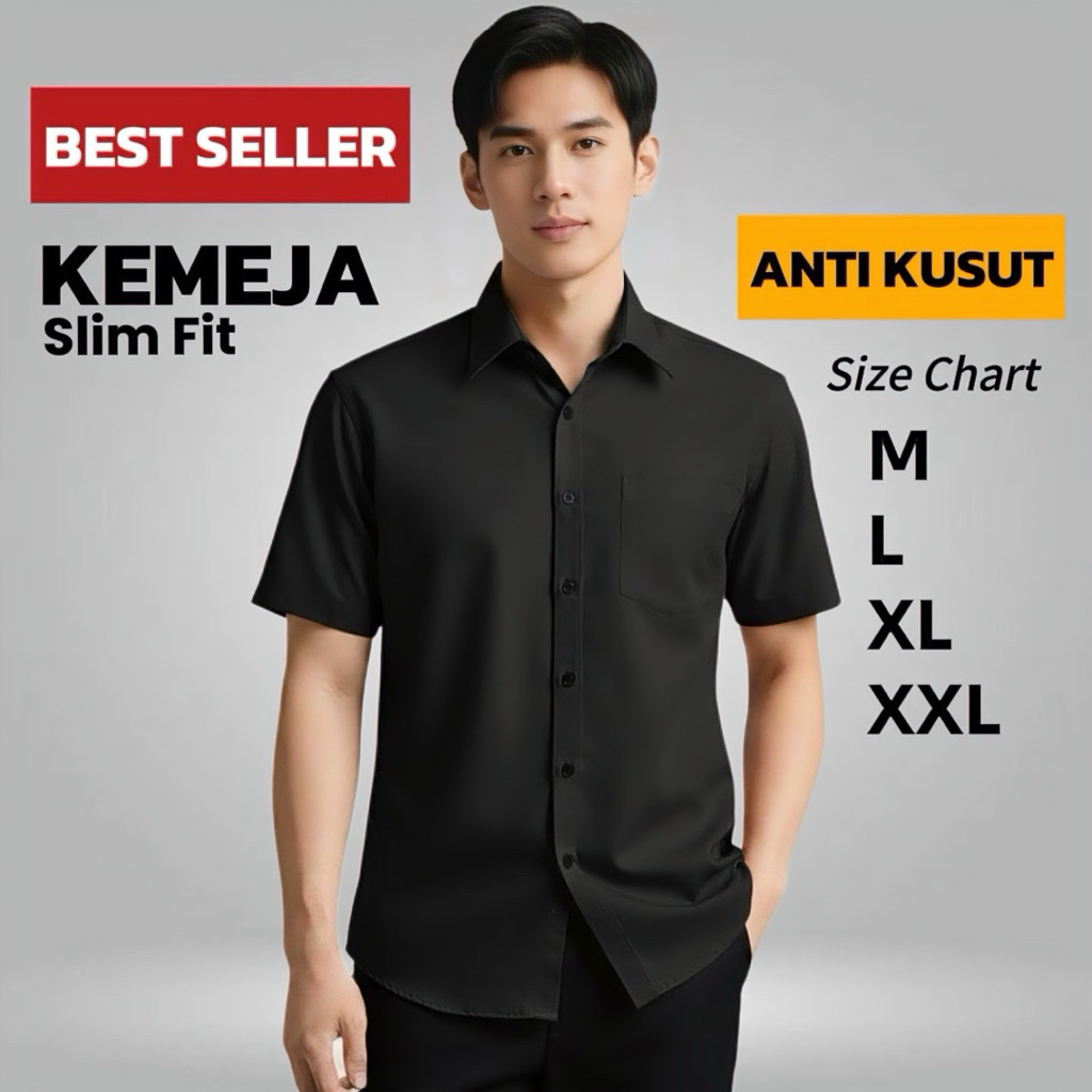 Kemeja Slimfit Pria Lengan Pendek Polos Vintage Premium Katun Original