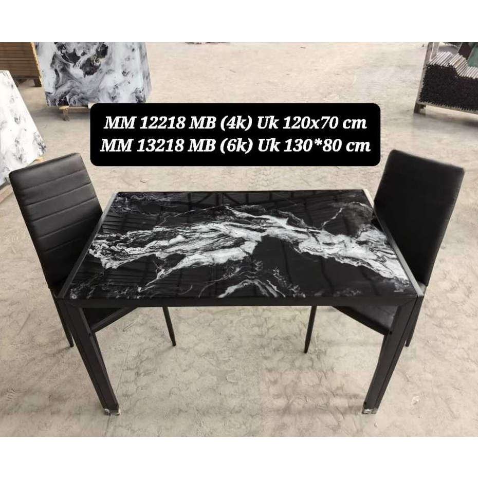 Meja Makan Kaca Motif Marmer + Kursi MA
