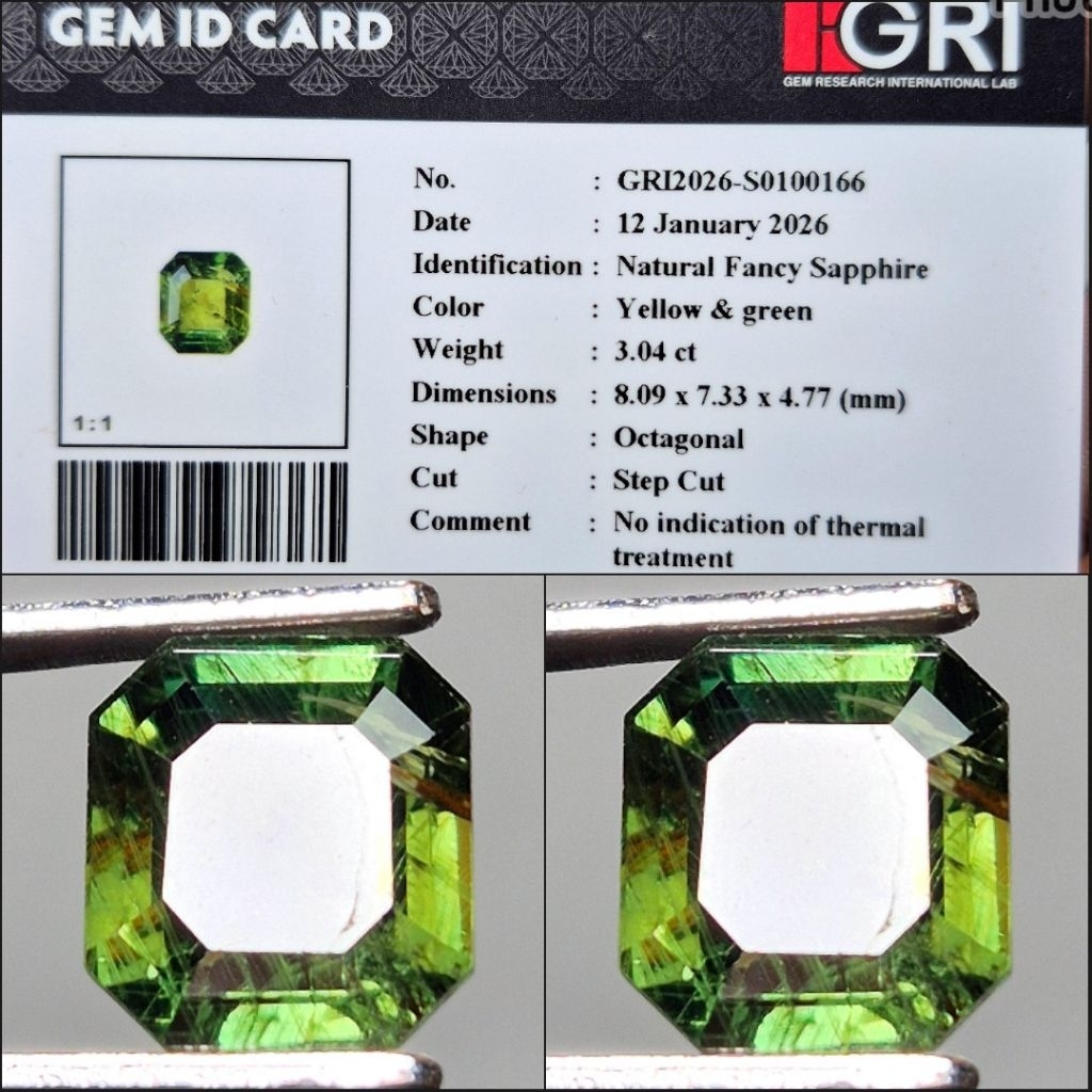 Natural Fancy Sapphire Notreatment NTE 3.04 crt NoHeated Yellow Green Memo GRI Lab