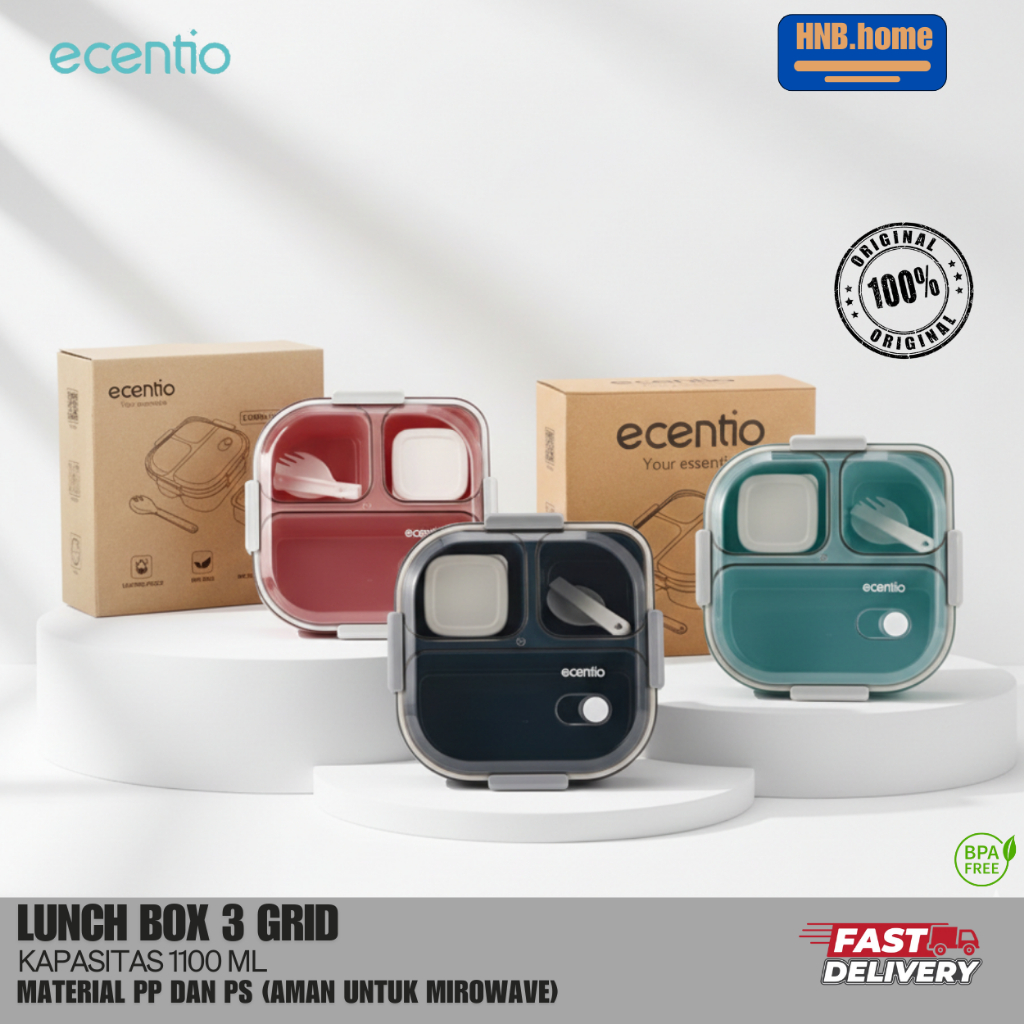 ecentio Kotak Makan/lunch box 3 Grid 1100ml + 100ml
