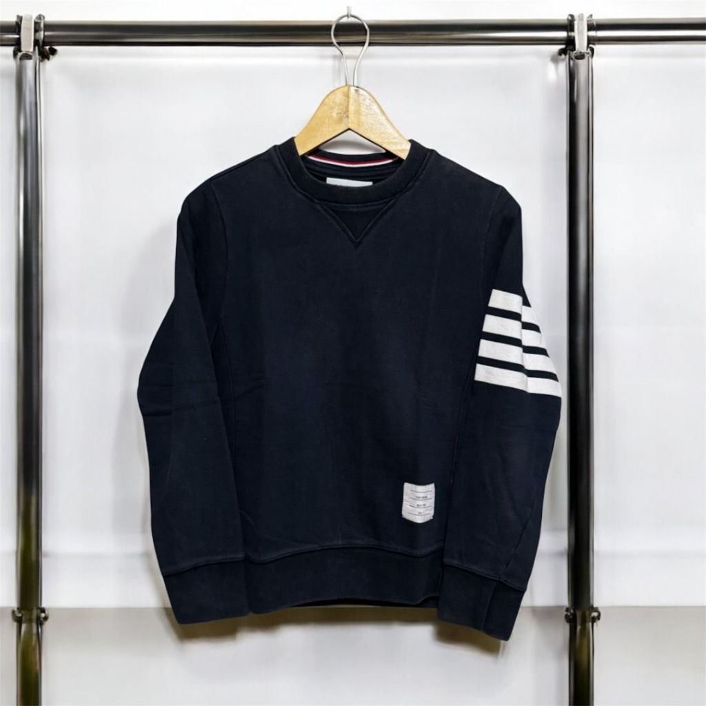 THOM BROWNE 4-Bar Loopback Navy crewneck sweatshirt