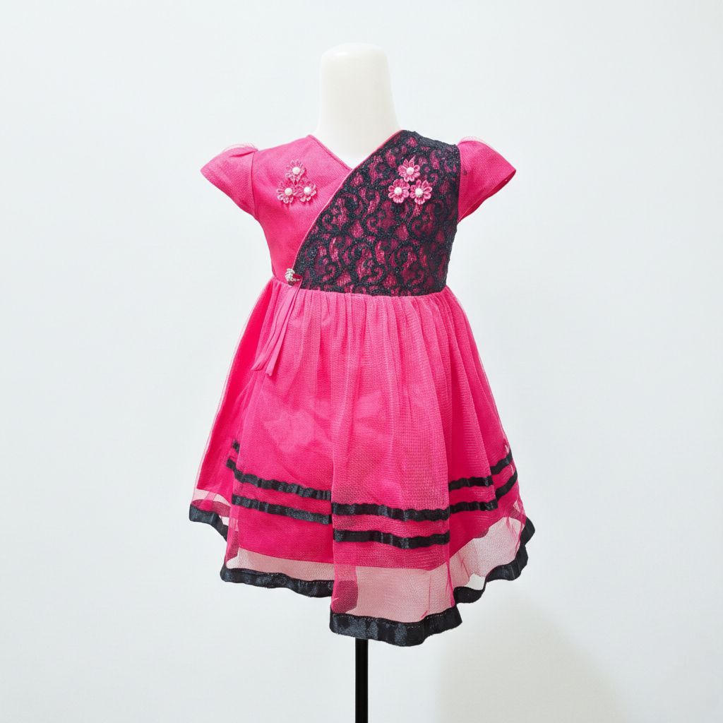 Dress Pesta Anak Perempuan 3-4 Tahun Pink Fanta Kombinasi Brokat Hitam Mewah Cantik