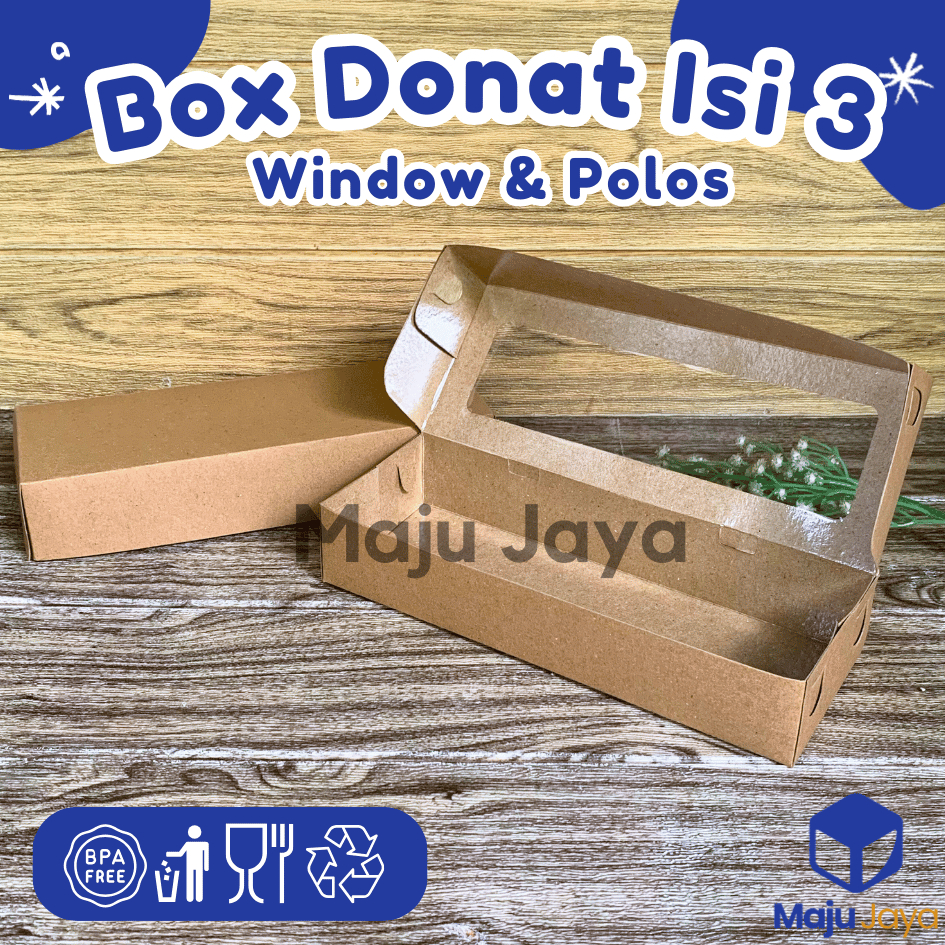 Maju Jaya - Box Donat Isi 3 Kraft Laminasi 27x10x5 cm 290 gsm / Dus Kue Jajan Snack Roti Persegi Pan