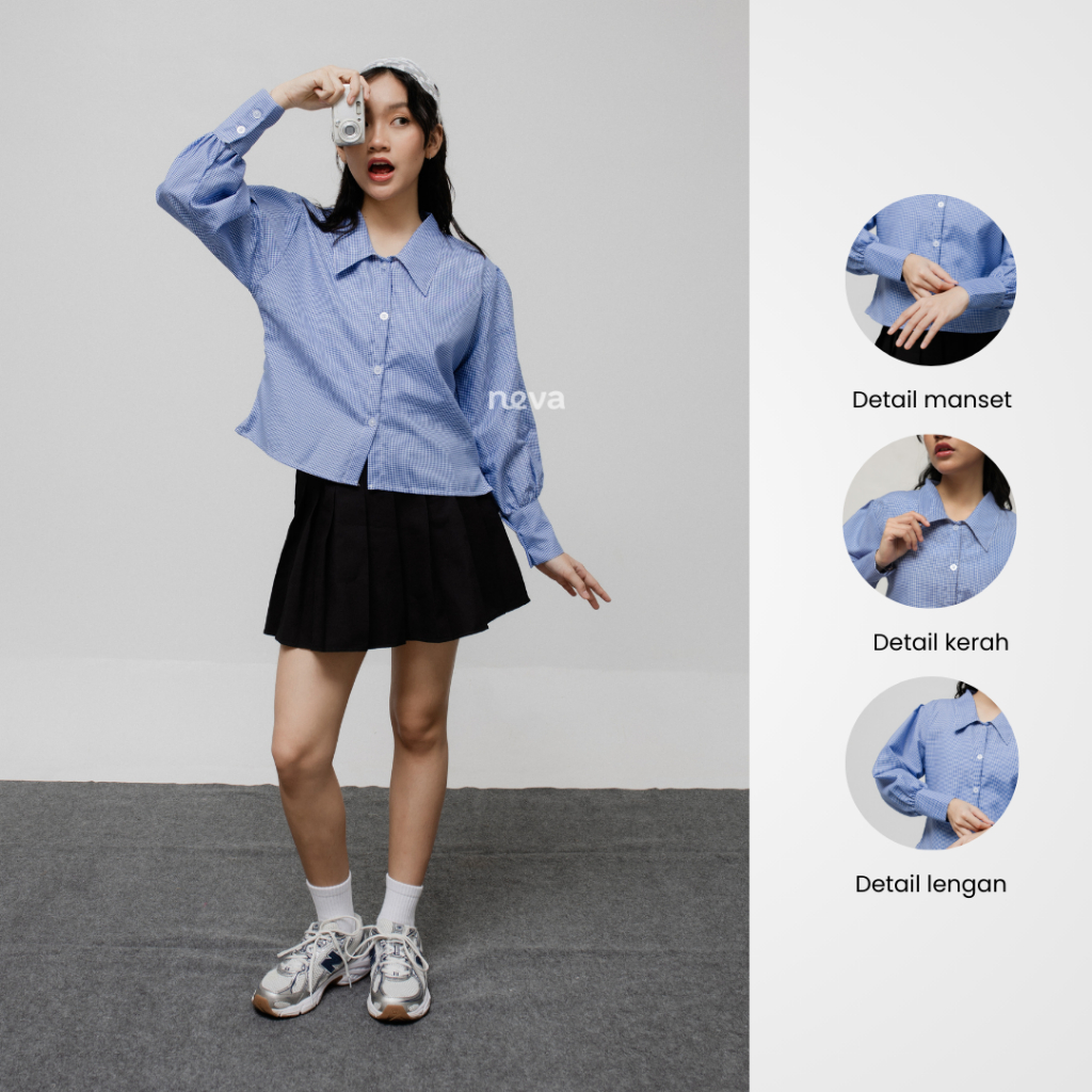Neva Style - Hera Blouse Lengan Balon / Kemeja Basic Motif Kotak - Kotak / Atasan Crop Casual Wanita