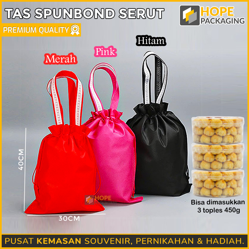 Tas Spunbond Serut Size : 30x 40 cm / Tas Serut Kue Lebaran / Tas Kue Kering / Tas Spunbond AW Karak