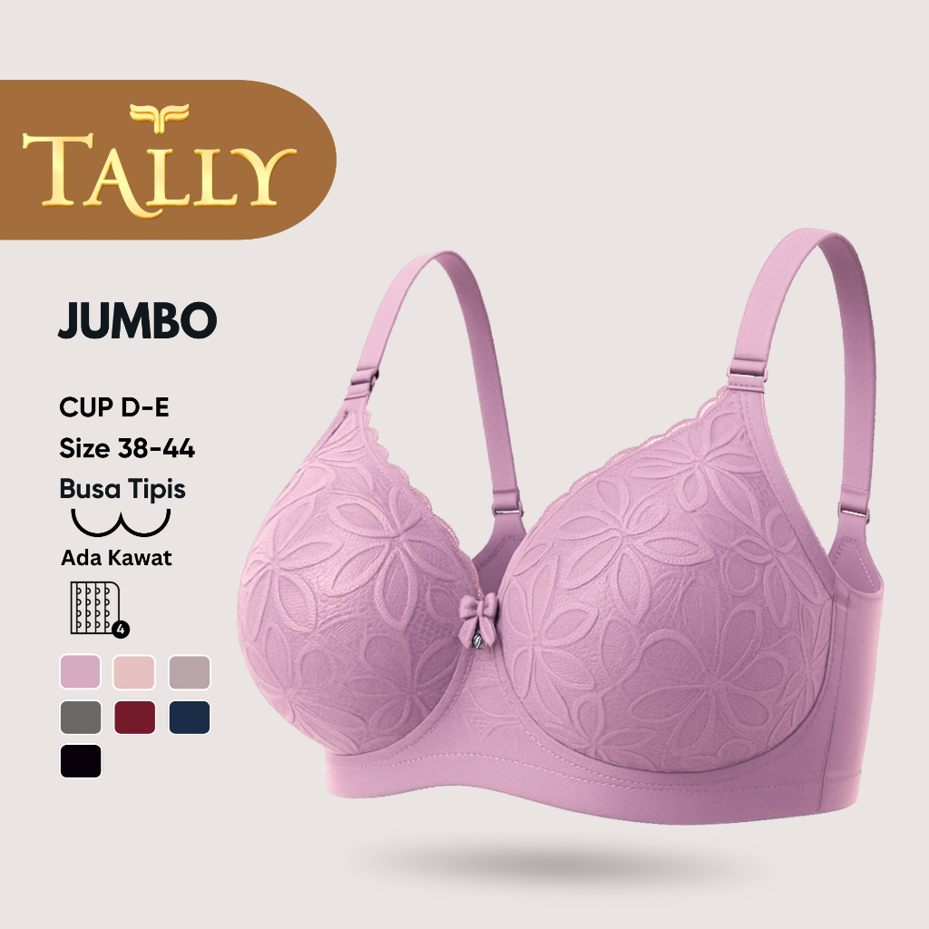 Bra Tally 3299 | Busa Tipis Full Big Cup D-E | Ada Kawat | Kait 4 | Motif Renda | Size 38 40 42 44