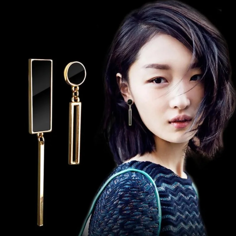 Anting Asimetris Panjang Warna Emas Hitam Gaya Charm Gold Black | Cantik Keren Elegant Indah Mewah S