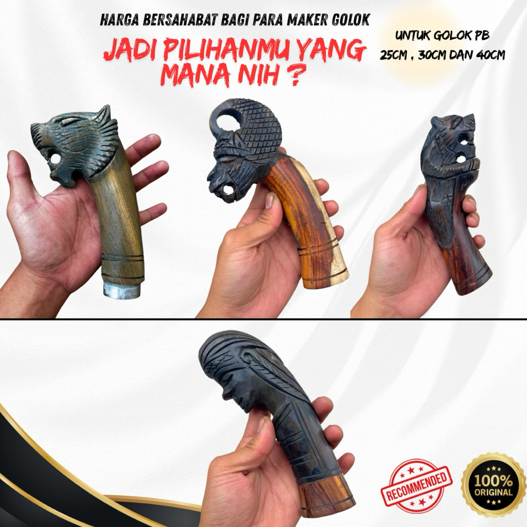 Gagang Golok Ukiran Kayu Sonokeling Asli - 4 Varian Ukir Mewah (Singa, Situmang, Maung, Siputri)