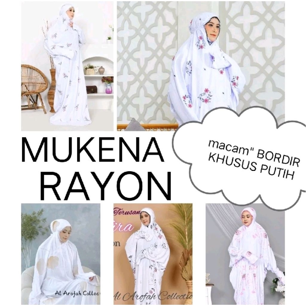 Mukena terusan dewasa RAYON TWILL khusus dasar putih berbagai motif bordiran
