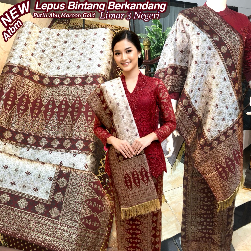 Songket Atbm Limar 3 Negeri Exclusive Putih Abu Tumpal Maroon Tembaga Songket Tenun Mesin Palembang 