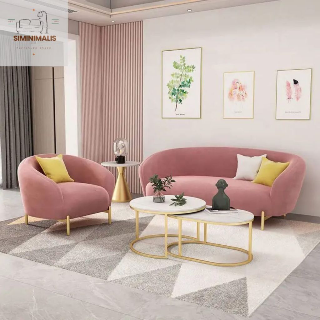 Sofa Tamu  Minimalis Pink Blush Sofa Aesthetic Kaki Gold Sofa Ruang Tamu Elegant &Premium