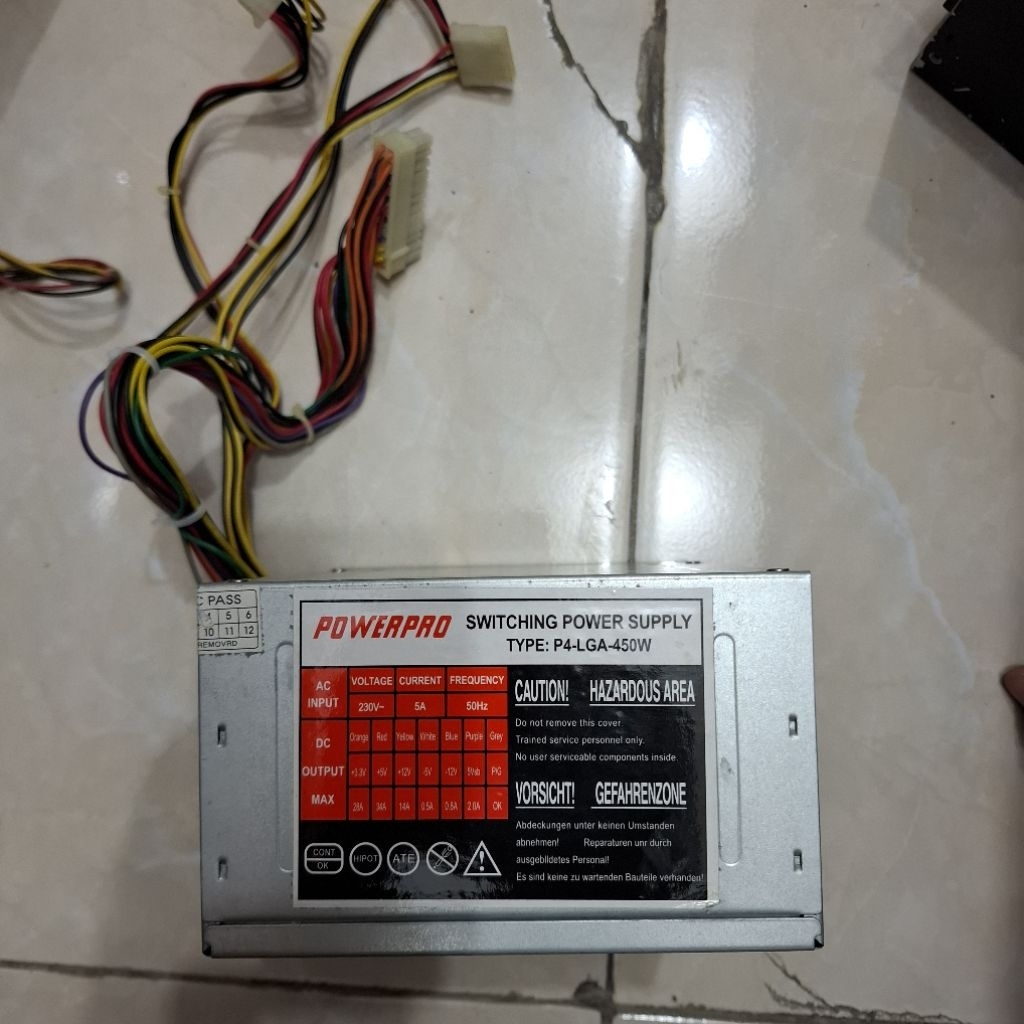 Power Supply PC PSU 450 W 24 pin Powerpro bekas rusak