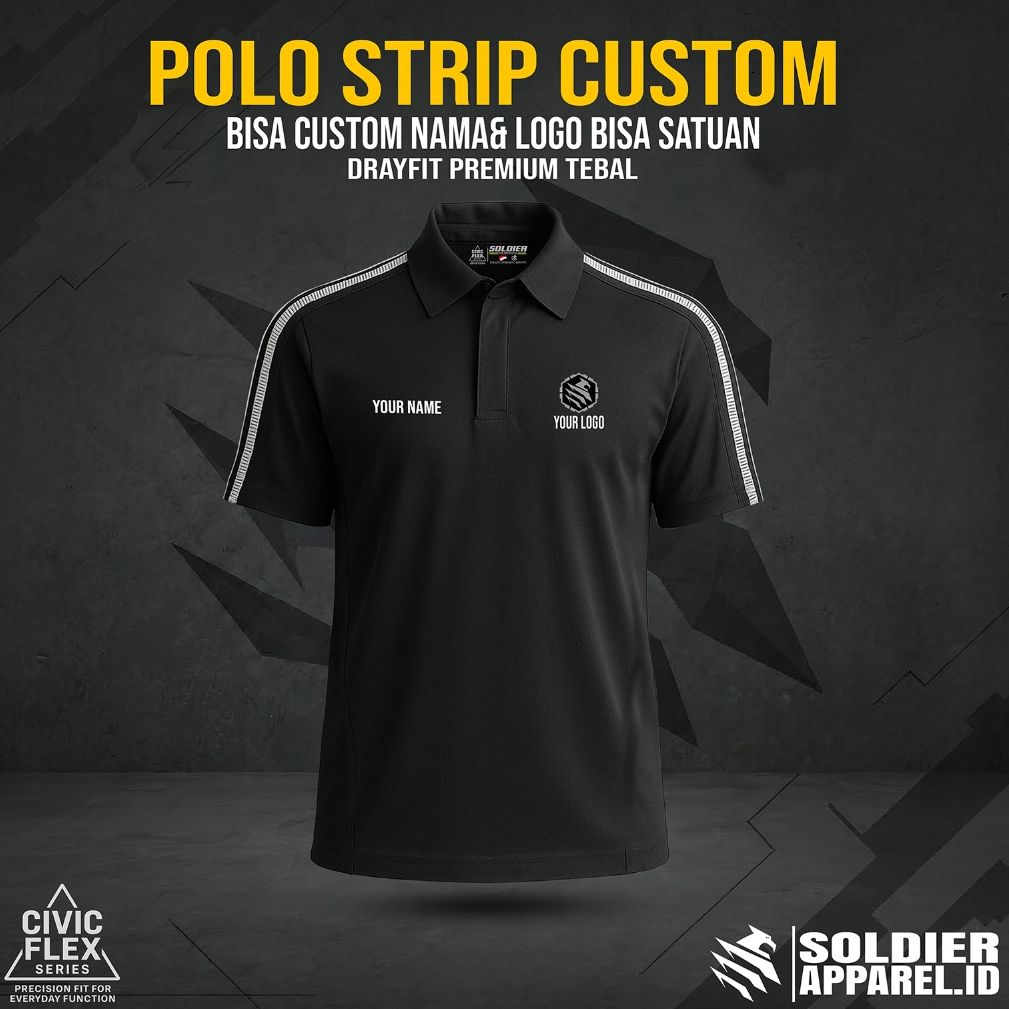 Kaos Kerah Polo Strip Custom Nama & Logo Satuan - Bahan Drayfit Tebal Premium & Adem